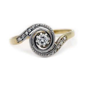 Victorian old European and rose cut diamond bypass antique engagement ring