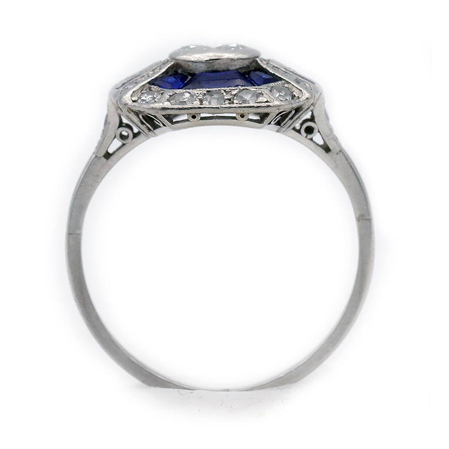 Art Deco .40 Ct Old European Cut Diamond & Sapphire Halo Antique Engagement Ring