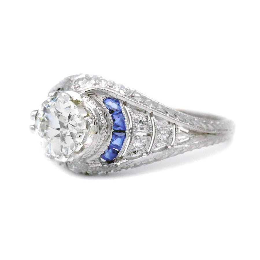 Art Deco .88 Ct Old European Cut Diamond & Sapphire Engagement Ring | GIA J/SI2