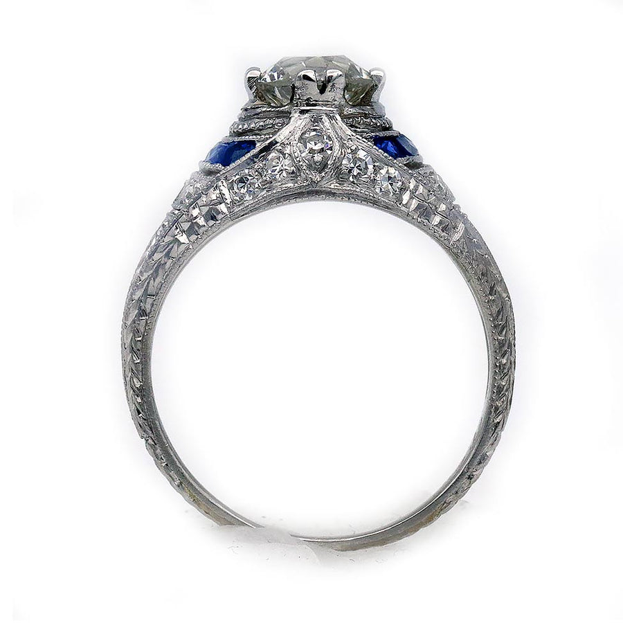 Art Deco .88 Ct Old European Cut Diamond & Sapphire Engagement Ring | GIA J/SI2