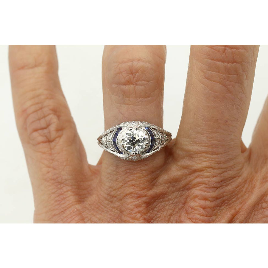 Art Deco .88 Ct Old European Cut Diamond & Sapphire Engagement Ring | GIA J/SI2