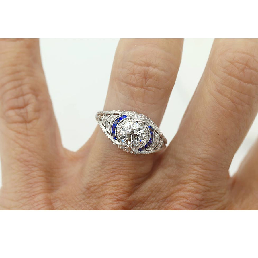 Art Deco .88 Ct Old European Cut Diamond & Sapphire Engagement Ring | GIA J/SI2