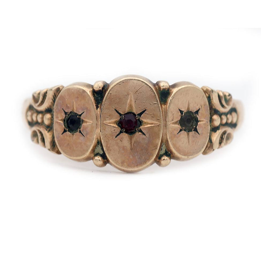 Victorian Garnet Starburst Three-Stone Wedding Ring in 10K Rose Gold