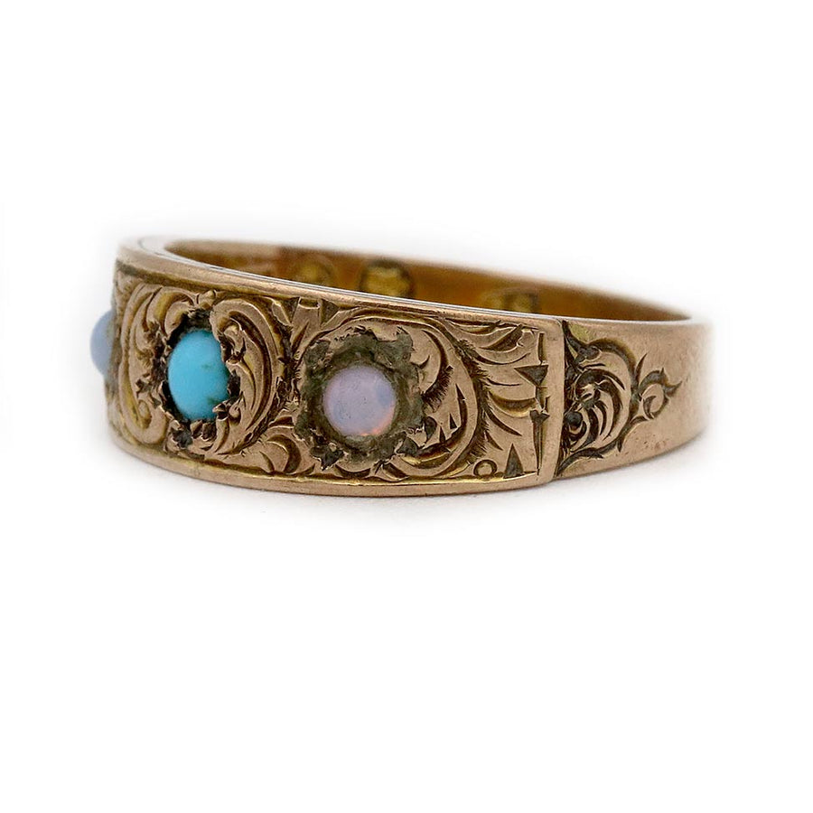 Victorian Turquoise & Moonstone Three-Stone Wedding Ring in 10K Rose Gold