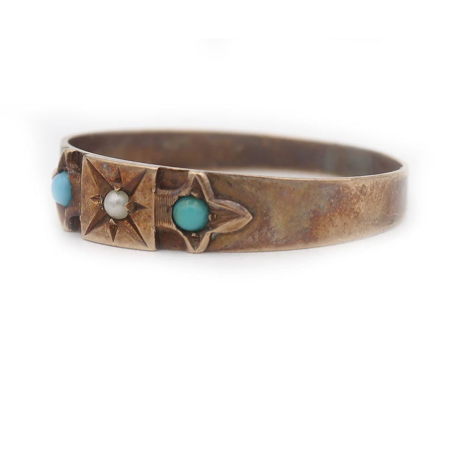 Victorian Pearl & Turquoise Three-Stone Wedding Ring in 10K Rose Gold