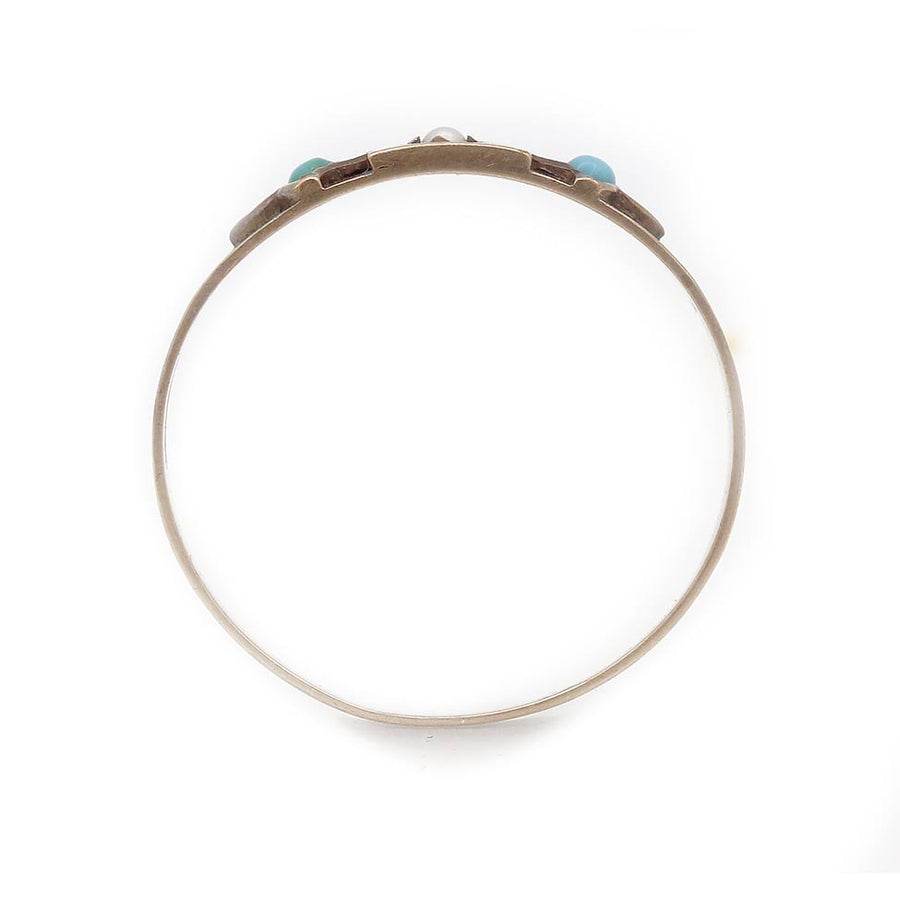 Victorian Pearl & Turquoise Three-Stone Wedding Ring in 10K Rose Gold