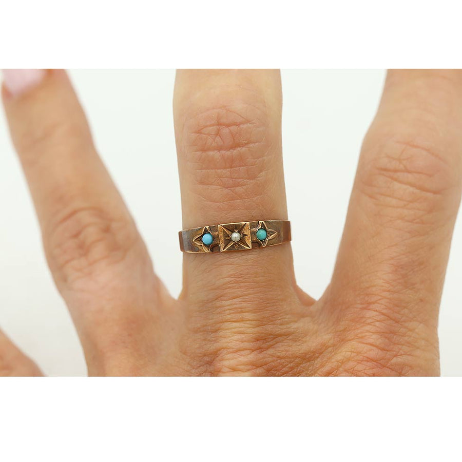 Victorian Pearl & Turquoise Three-Stone Wedding Ring in 10K Rose Gold
