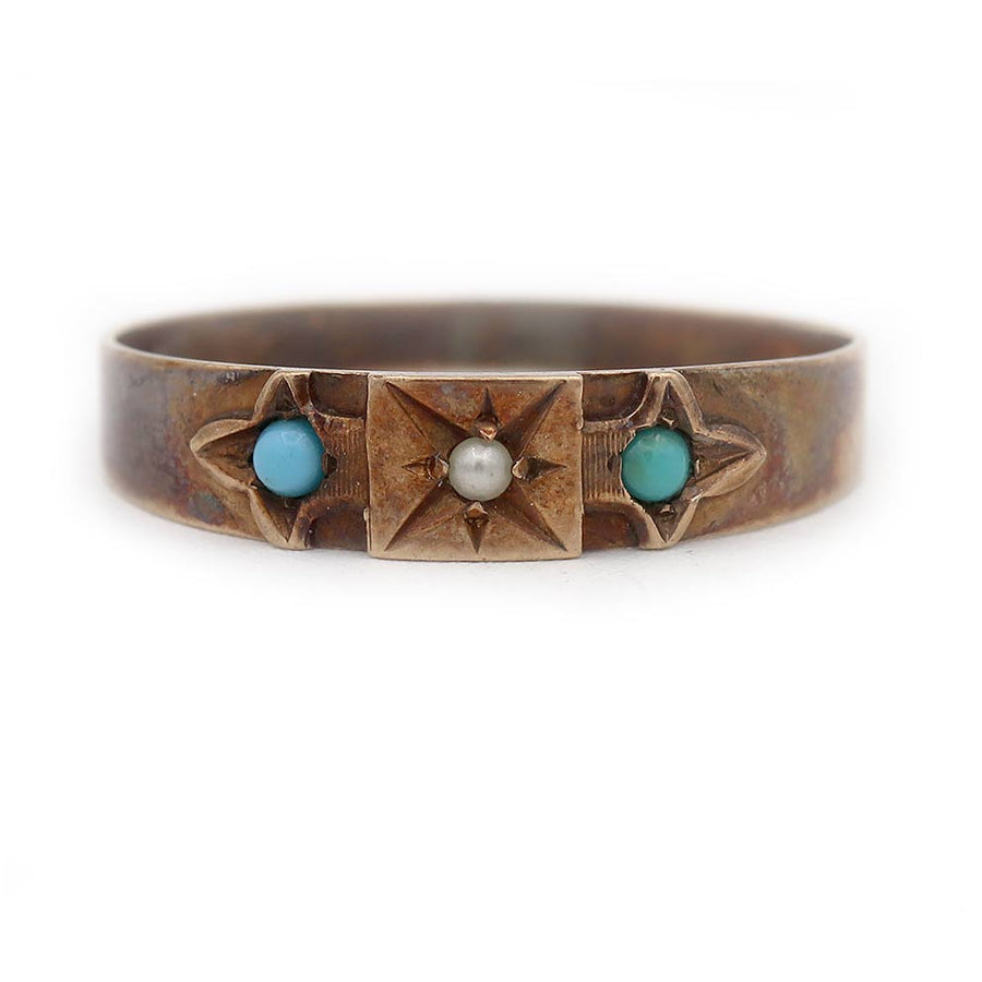 Victorian Pearl & Turquoise Three-Stone Wedding Ring in 10K Rose Gold