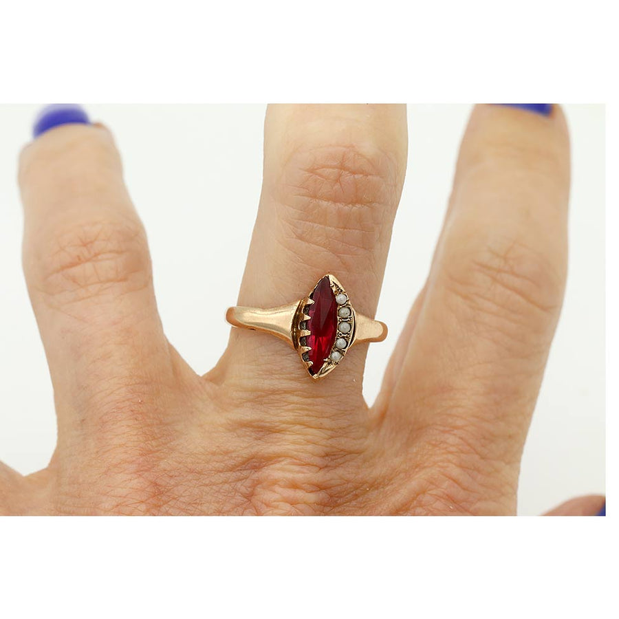 Victorian Navette Garnet & Seed Pearl Engagement Ring in 10K Rose Gold