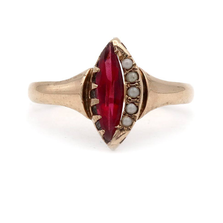 Victorian Navette Garnet & Seed Pearl Engagement Ring in 10K Rose Gold