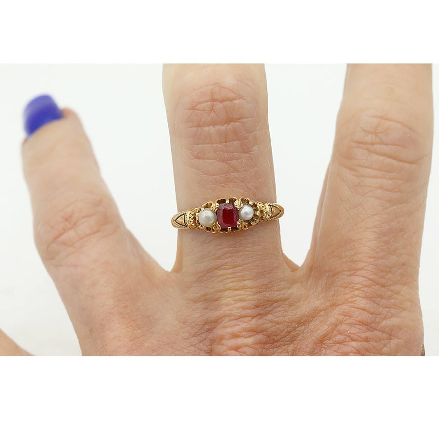 Victorian Square Cut Pink Garnet Doublet & Pearl Three Stone Engagement Ring