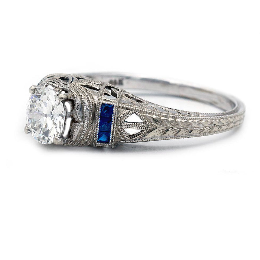 Estate Art Deco style old European cut diamond and sapphire engagement ring in white gold