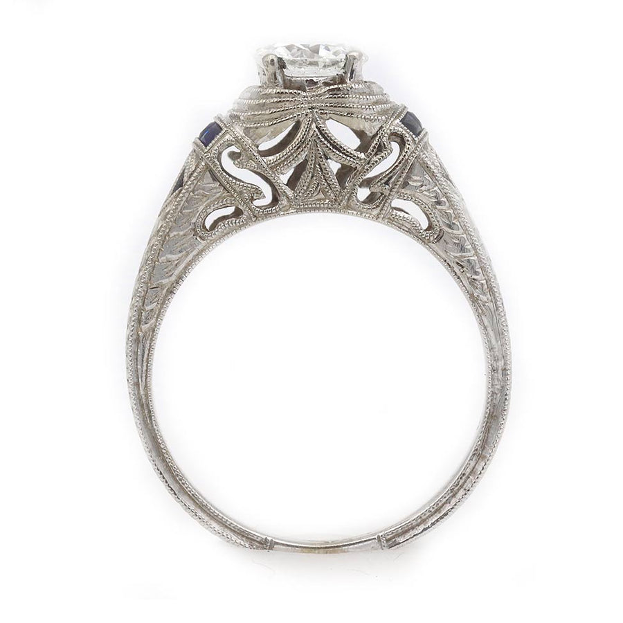 Estate Art Deco Style .73 Ct Old European Cut Diamond & Sapphire Engagement Ring GIA G/SI2
