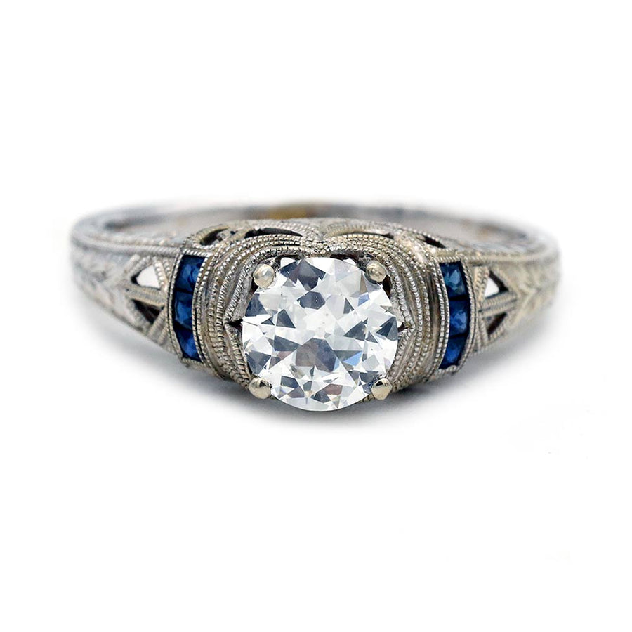 Art Deco Style .73 Ct Old European Cut Diamond & Sapphire Engagement Ring 