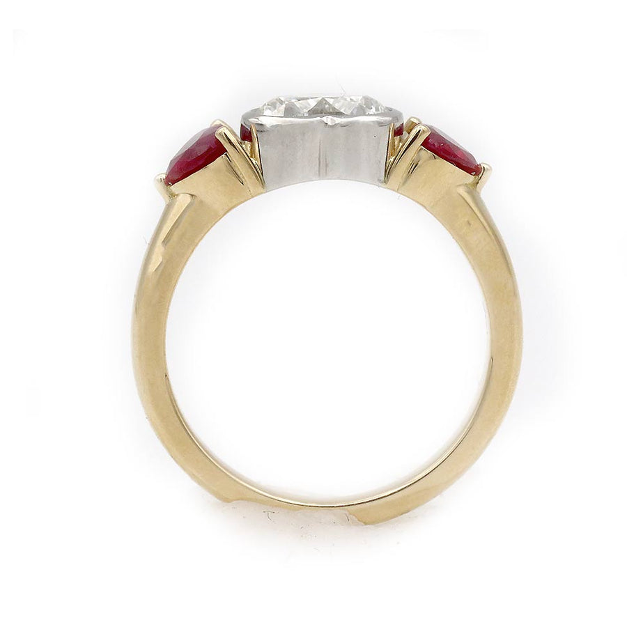 Vintage Style 1.70 CTW Heart Diamond Burma Ruby Three Stone Engagement Ring | GIA I/SI1
