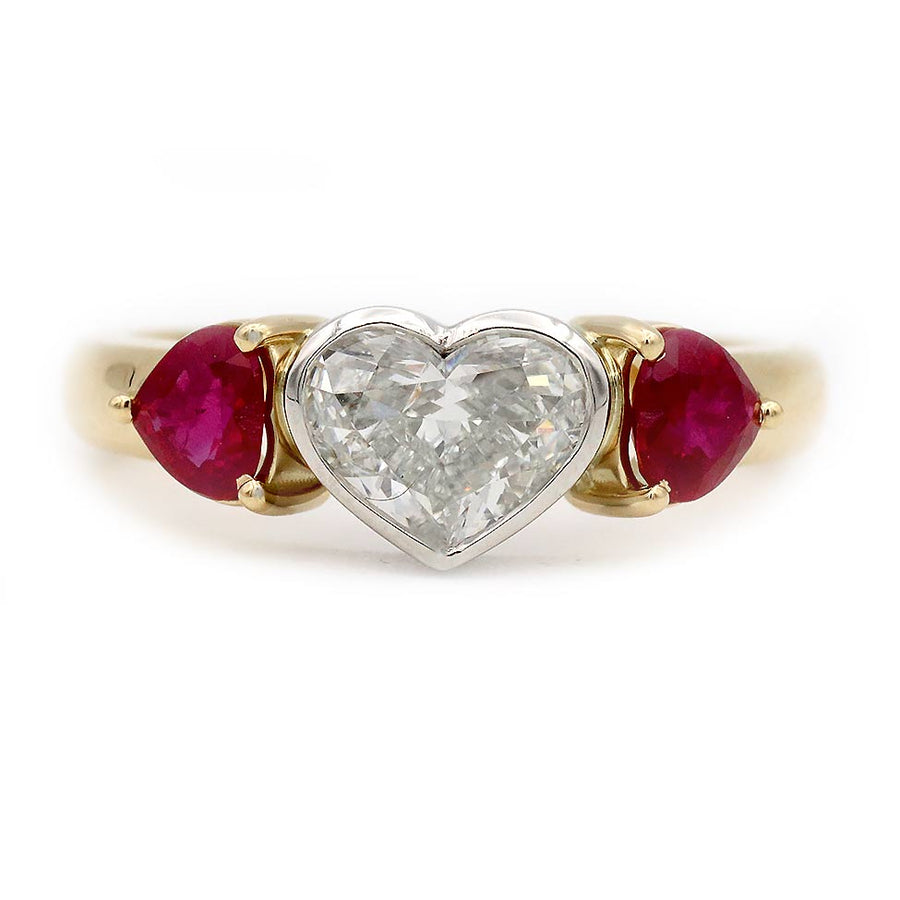 Vintage Style 1.70 CTW Heart Diamond Burma Ruby Three Stone Engagement Ring | GIA I/SI1