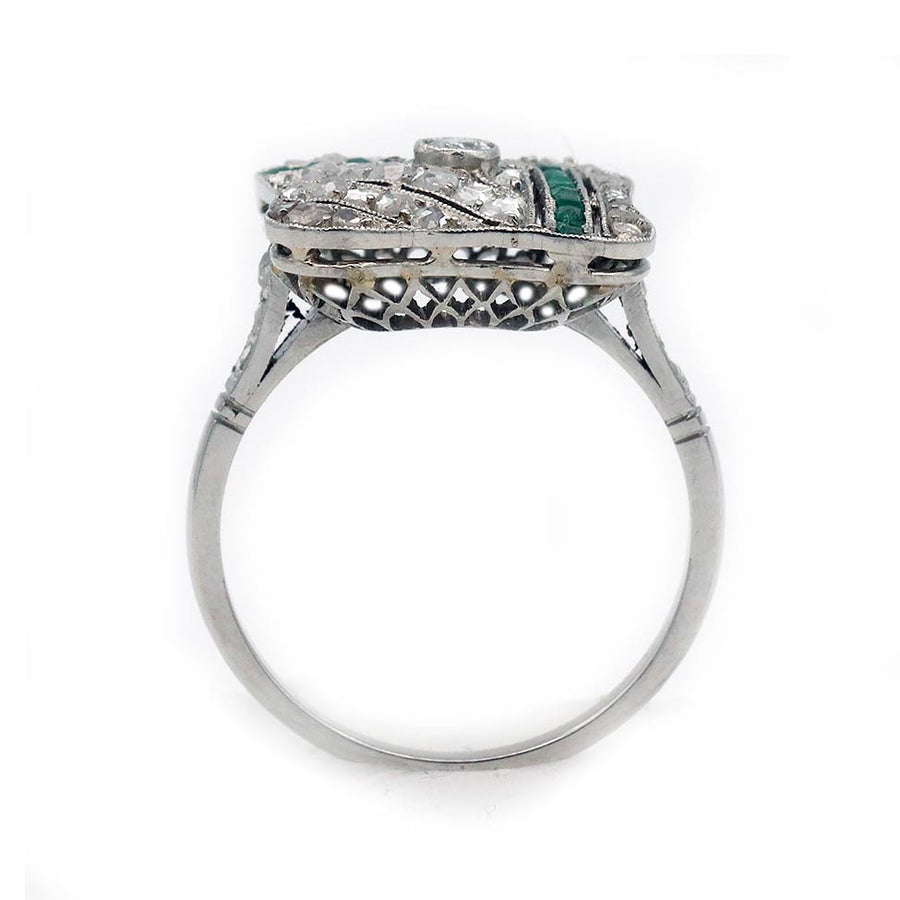 Art Deco Emerald & Rose Cut Diamond Geometric Square Ring in Platinum