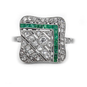 Art Deco platinum ring with natural square cut emeralds and rose cut diamond accents in geometric square design circa 1930s