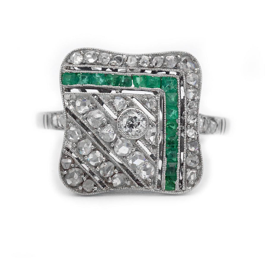 Art Deco Emerald & Rose Cut Diamond Geometric Square Ring in Platinum