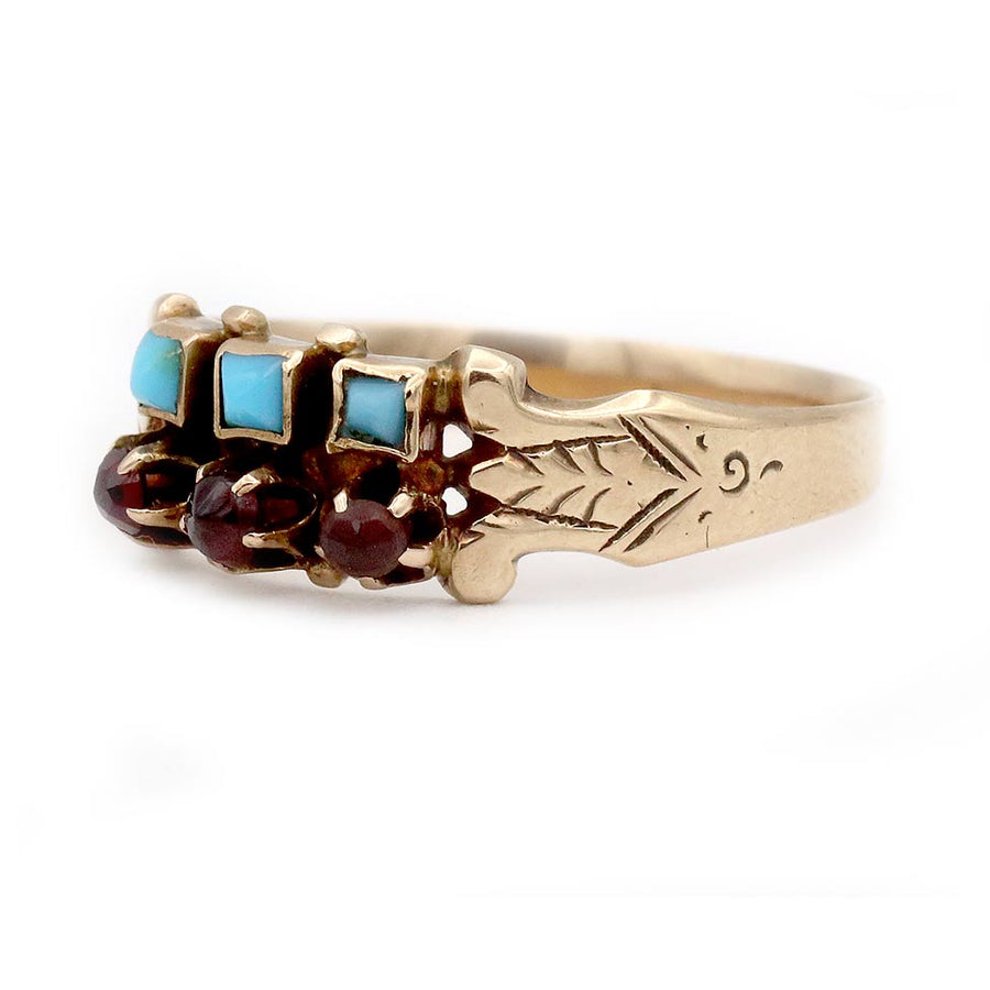 Victorian Turquoise & Garnet Two-Row Wedding Ring in 10K Rose Gold