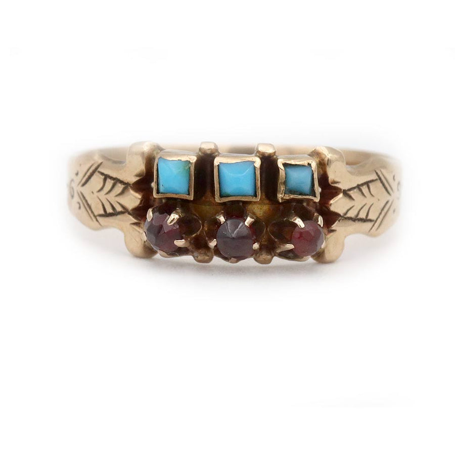 Victorian Turquoise & Garnet Two-Row Wedding Ring in 10K Rose Gold