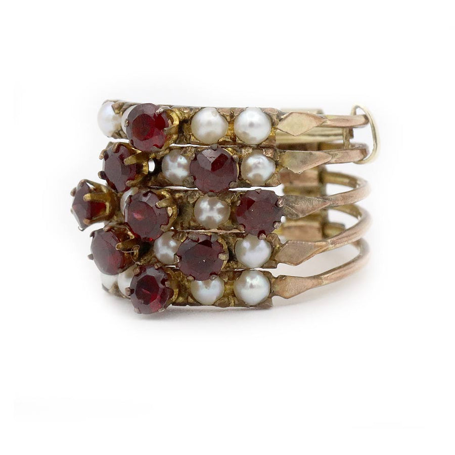 Victorian Harem Ring Garnet & Pearl Stacking Band in 10K Rose Gold