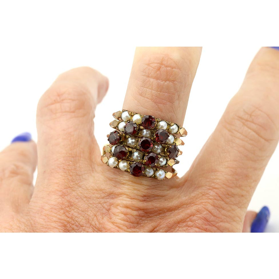 Victorian Harem Ring Garnet & Pearl Stacking Band in 10K Rose Gold