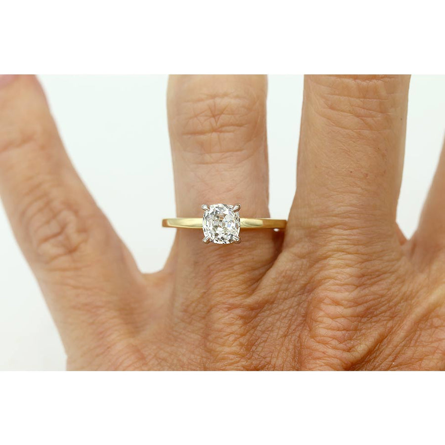 Vintage Style 1.01 Ct Antique Cushion Cut Diamond Solitaire Ring in Platinum & 18K Gold | GIA H/SI1
