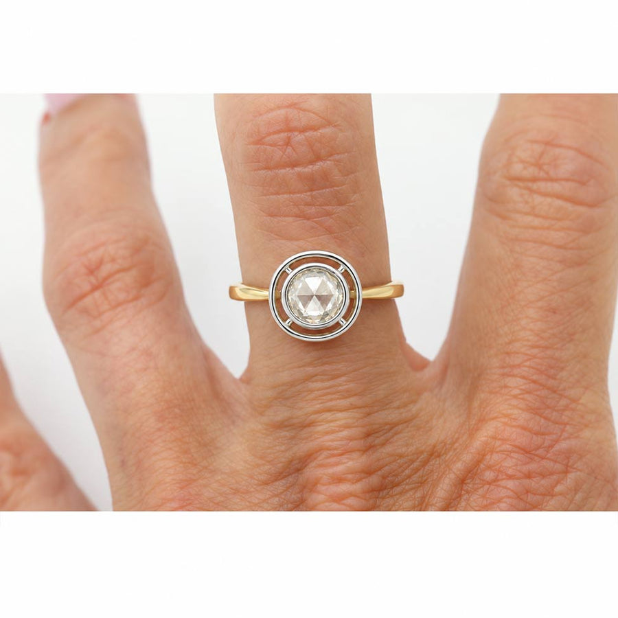 Victorian Style .72 Ct Rose Cut Diamond Bezel Solitaire Engagement Ring in Platinum & 18K Yellow Gold | AGI J/SI2