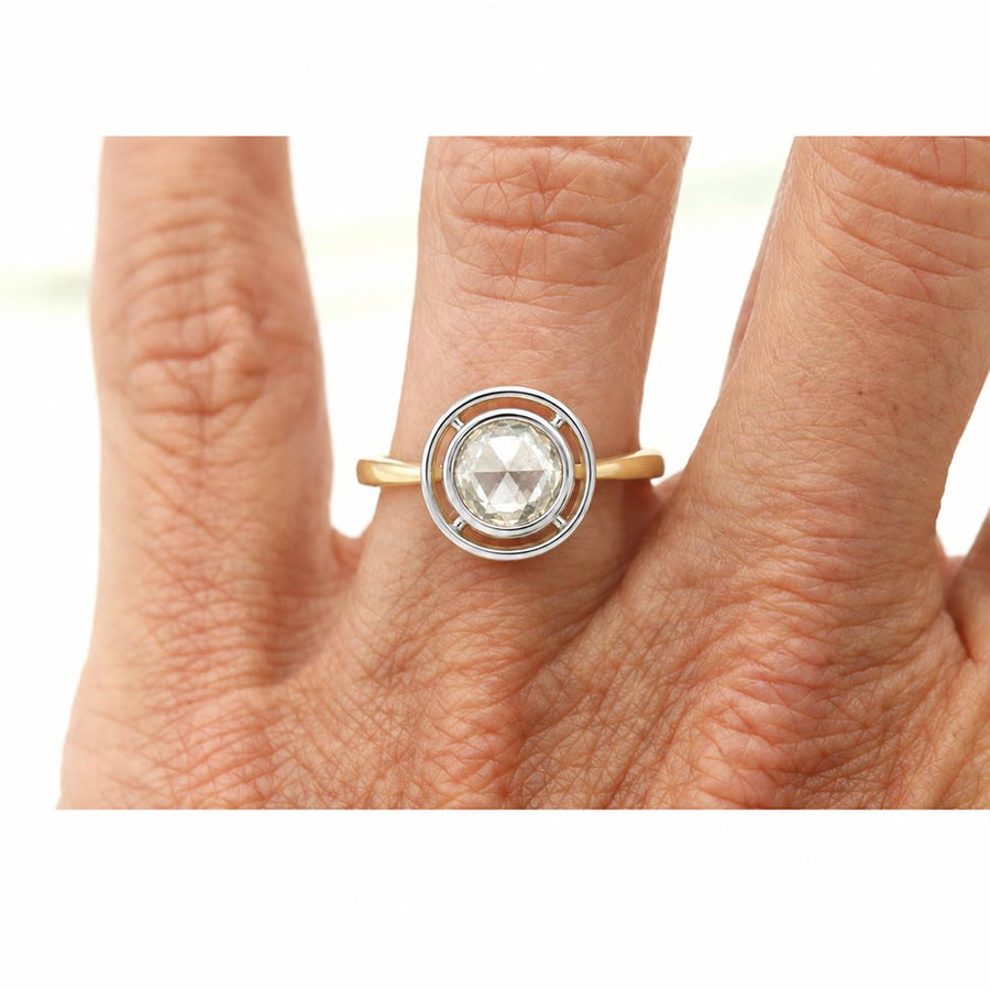 Victorian Style .72 Ct Rose Cut Diamond Bezel Solitaire Engagement Ring in Platinum & 18K Yellow Gold | AGI J/SI2