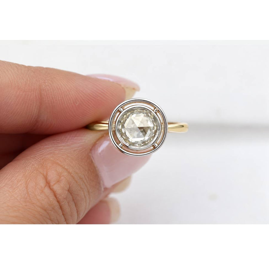 Victorian Style 1.45 Ct Rose Cut Diamond Bezel Engagement Ring in Platinum & 18Kt Yellow Gold