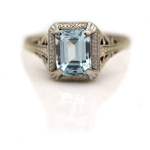 Vintage Prong Set Emerald Cut Aquamarine Solitaire Engagement Ring 1.95 Ct