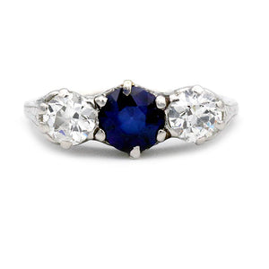 Vintage 2.80 CTW Synthetic Sapphire & Diamond Art Deco Three Stone Engagement Ring - Vintage Diamond Ring