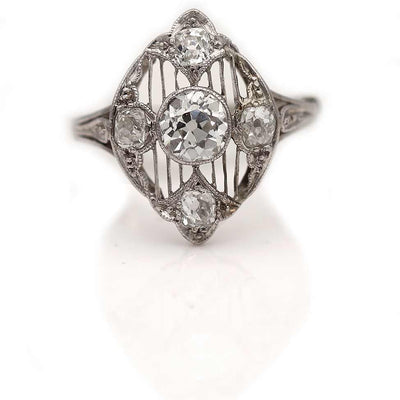 Art Deco Old Mine Cut Diamond & Cushion Cut Engagement Ring