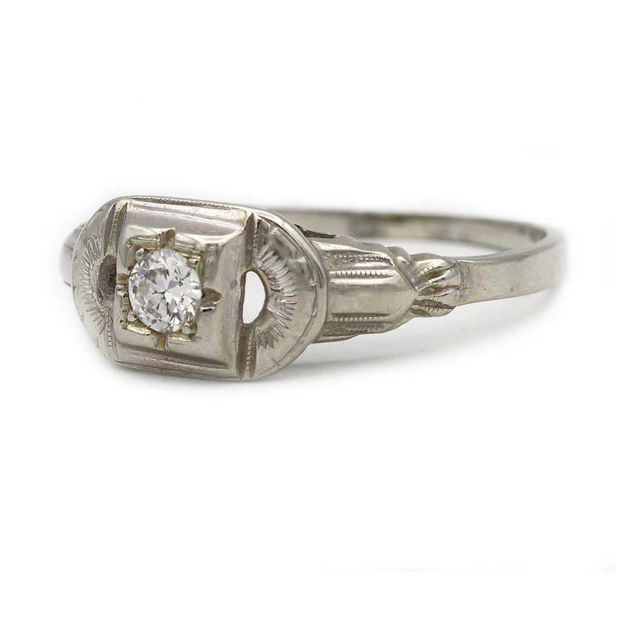 Art Deco .15 Ct Old European Cut Diamond Vintage Engagement Ring in 14K White Gold