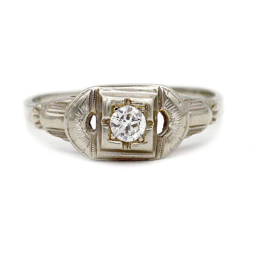 Art Deco .15 Ct Old European Cut Diamond Vintage Engagement Ring in 14K White Gold