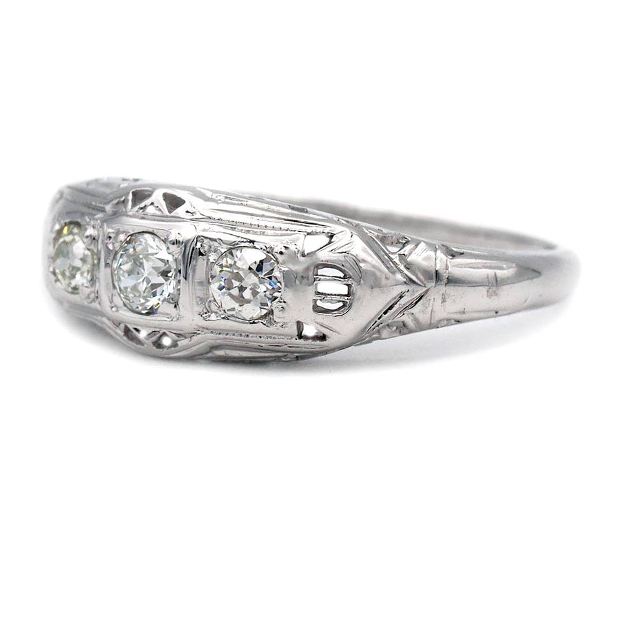 Art Deco .35 CTW Three-Stone Diamond Stackable Ring | 14K White Gold