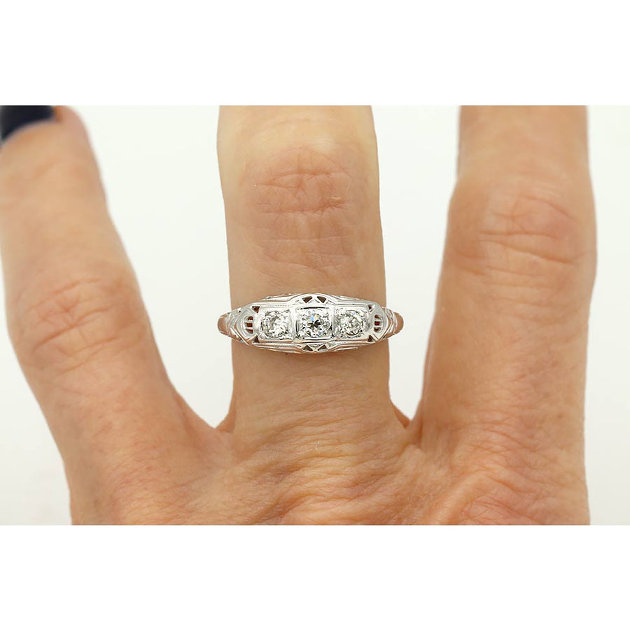 Art Deco .35 CTW Three-Stone Diamond Stackable Ring | 14K White Gold