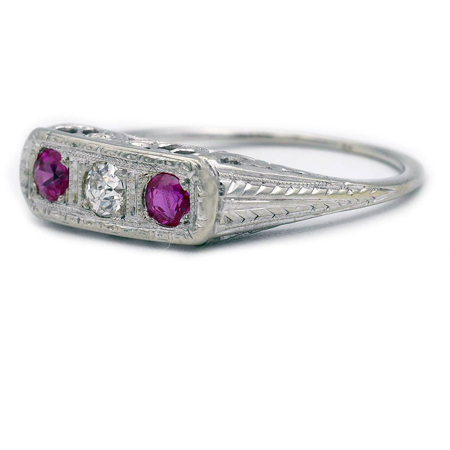 Art Deco .25 CTW Diamond & Synthetic Ruby Three-Stone Ring | 14k White Gold Filigree