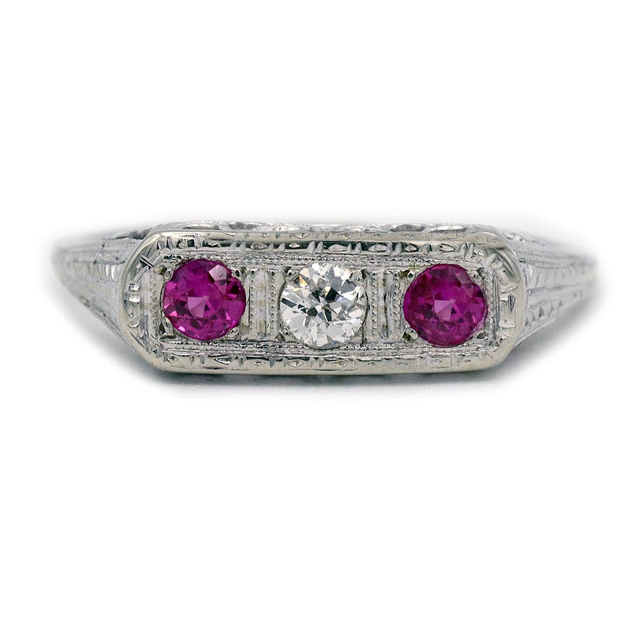 Art Deco .25 CTW Diamond & Synthetic Ruby Three-Stone Ring | 14k White Gold Filigree