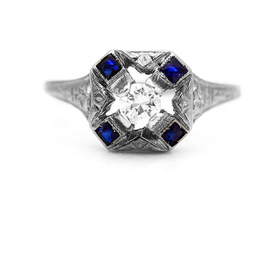 Art Deco .50 CTW  European Cut Diamond Antique Engagement Ring with Sapphire Side Stones