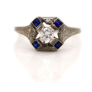 Art Deco .50 CTW  European Cut Diamond Antique Engagement Ring with Sapphire Side Stones - Vintage Diamond Ring