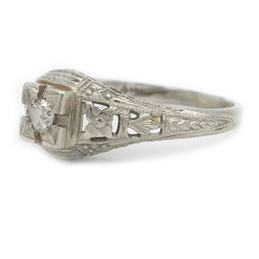 Art Deco .15 CT Old European Cut Diamond Engagement Ring | 14K White Gold H/VS2
