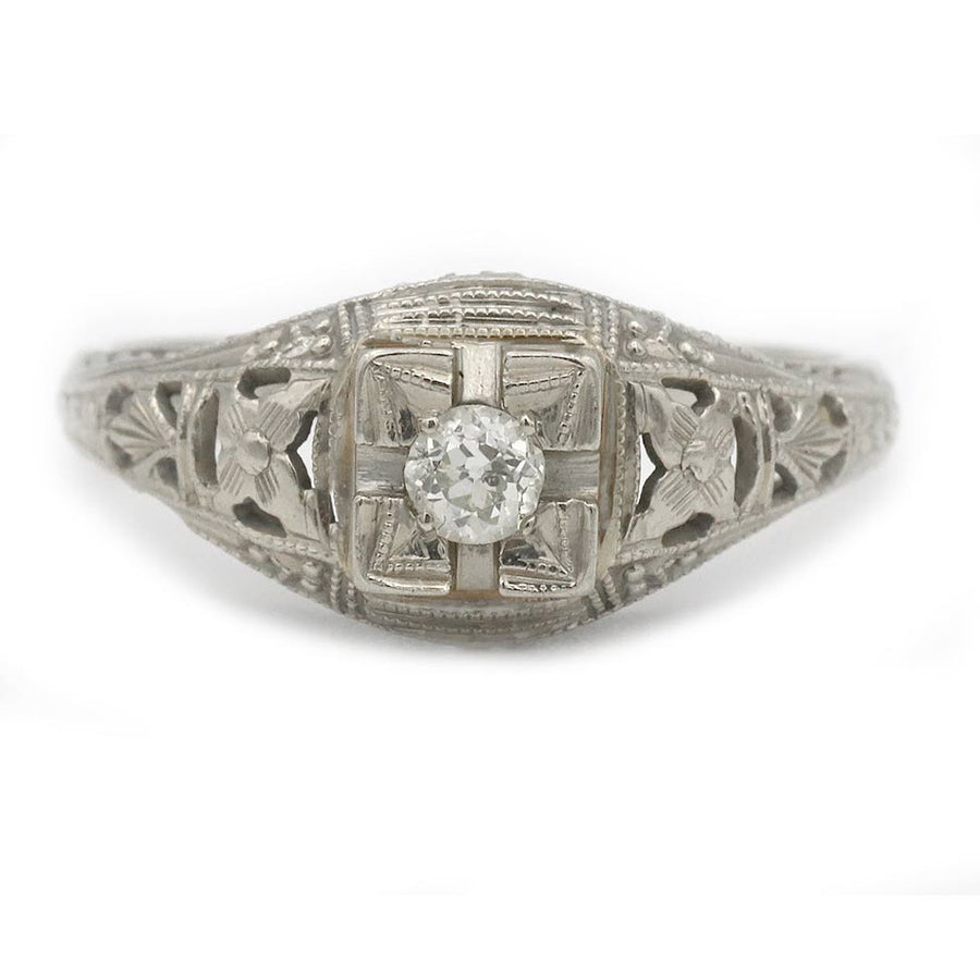 Art Deco .15 CT Old European Cut Diamond Engagement Ring | 14K White Gold H/VS2