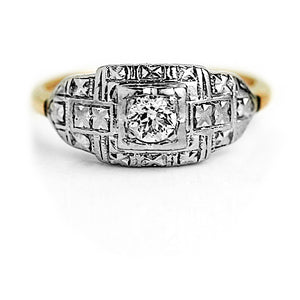 Mid Century .25CTW Old Euro Cut Diamond Solitaire Art Deco Engagement Ring
