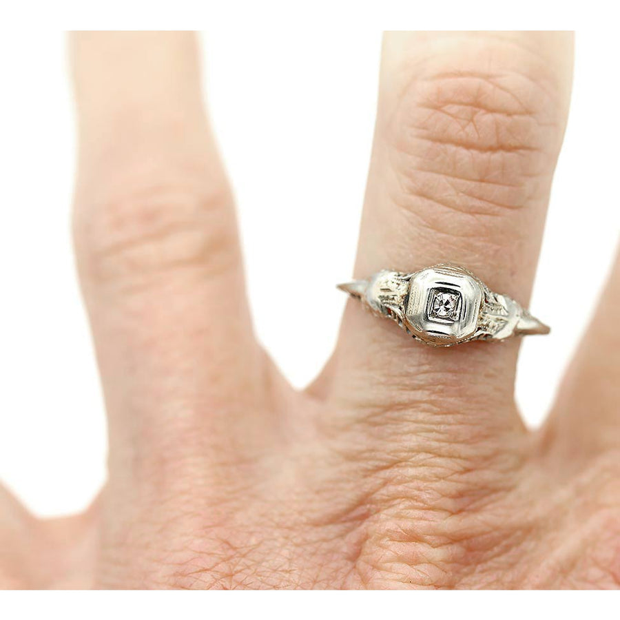 Dainty Antique .05 CTW Old Single Cut Diamond 14 Karat Filigree Vintage Engagement Ring