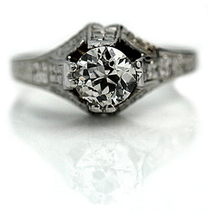 Art Deco .70 CTW Hand Engraved Old Euro Diamond Vintage Engagement Ring - Vintage Diamond Ring