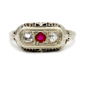 Antique .50 CTW Ruby Old European Cut Diamond Three Stone Vintage Engagement Ring - Vintage Diamond Ring