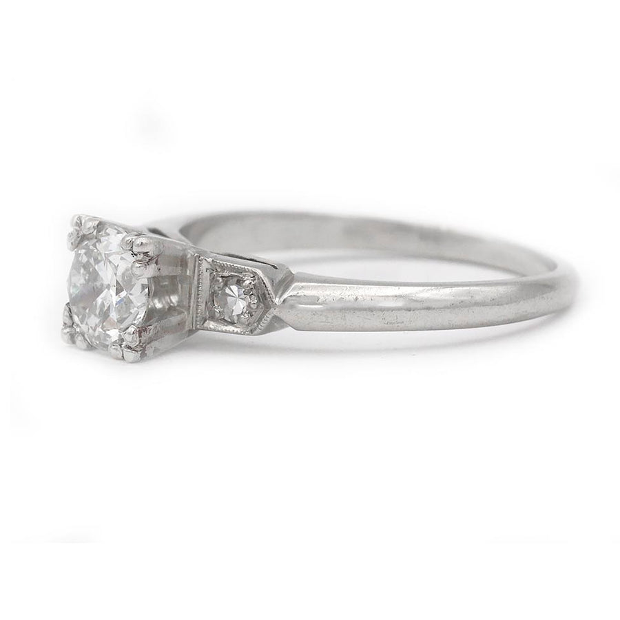 Mid-Century .70 CTW Old European Cut Diamond Three Stone Vintage Engagement Ring GIA J/SI2