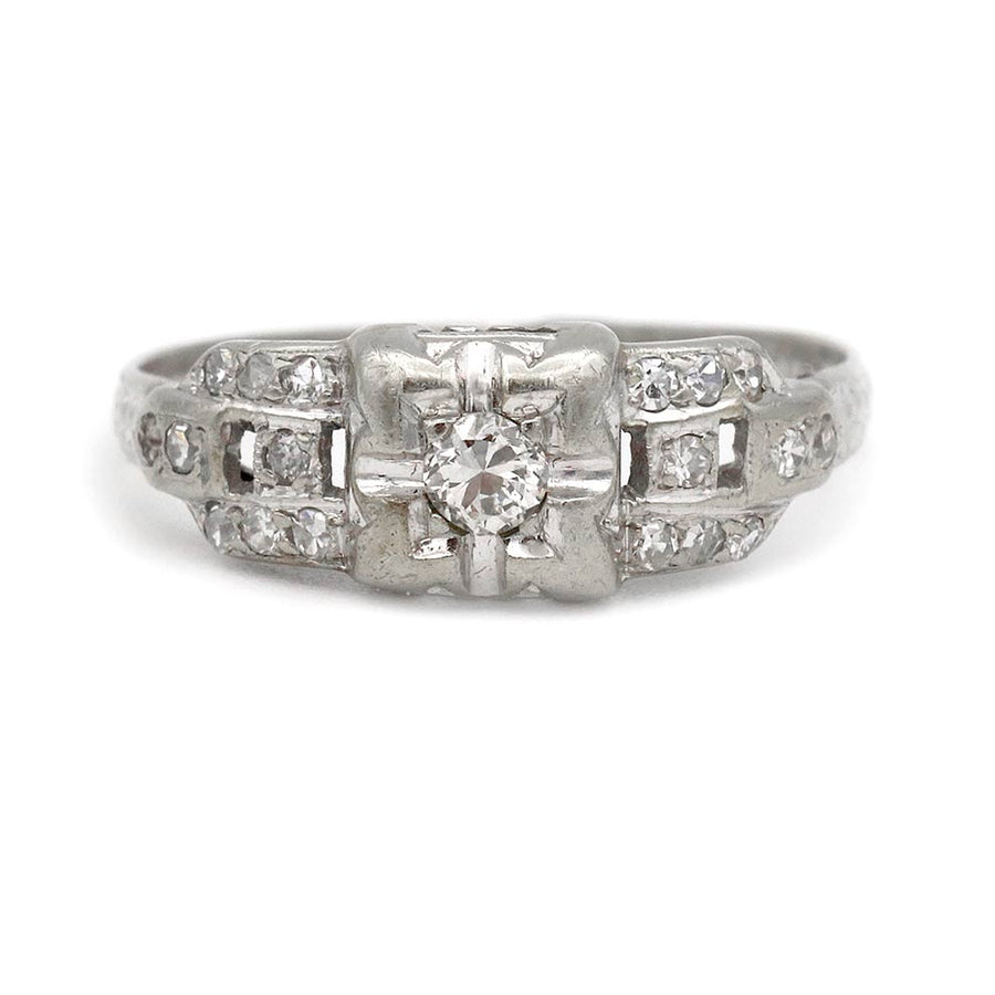 Art Deco .30 CTW Old European Cut Diamond Engagement Ring with Tiered Side Diamonds
